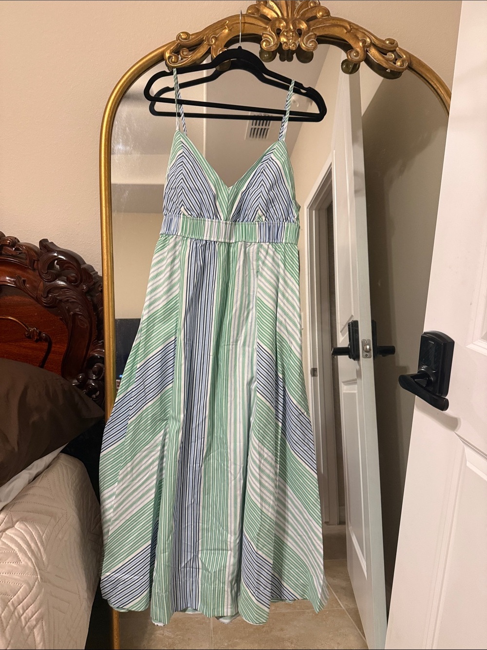 Striped Spaghetti‑Strap Maxi Dress in Mint, Navy & White